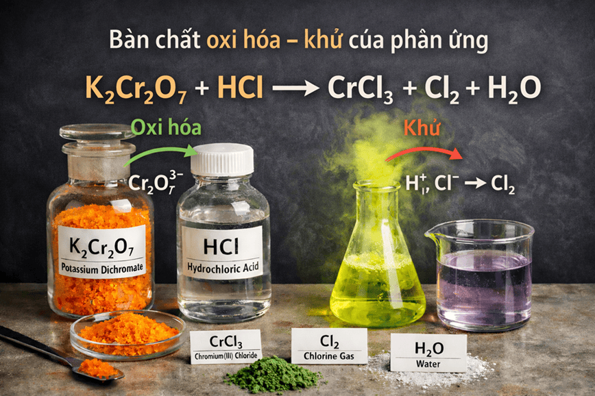 Toàn bộ quá trình oxi hóa khử sẽ diễn ra khi K₂Cr₂O₇ + HCl