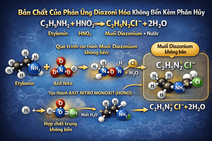 Thực tế bản chất của phản ứng C2H5NH2 +HNO2 là diazoni hóa