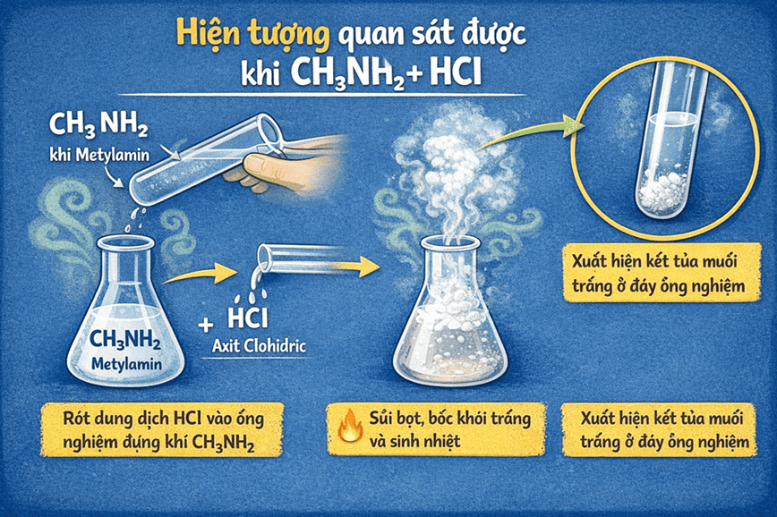 Những hiện tượng bạn sẽ nhìn thấy được khi cho CH3NH2 kết hợp với HCl