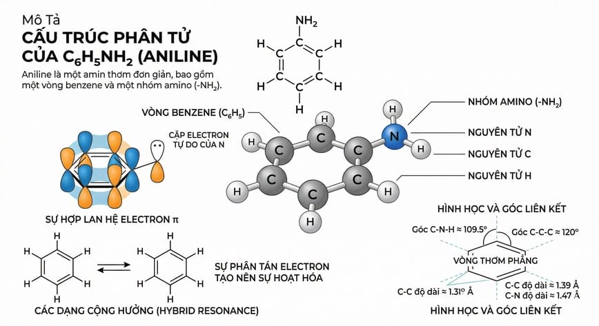 Mô tả khái quát cấu trúc phân tử của C6H5NH2
