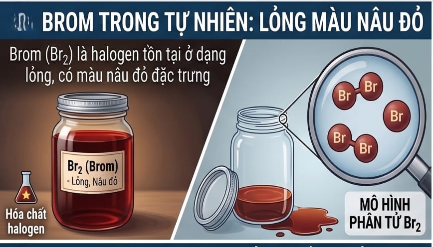 Brom trong tự nhiên tồn tại ở dạng lỏng có màu nâu đỏ