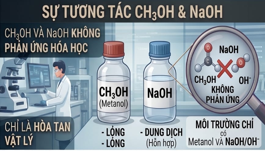 Giữa CH3OH và NaOH không xảy ra phản ứng hóa học