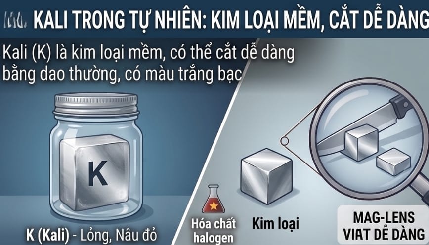 Kali trong tự nhiên là kim loại mềm có thể cắt dễ dàng