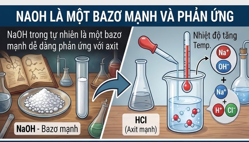 NaOH trong tự nhiên là một bazơ mạnh dễ dàng phản ứng với axit
