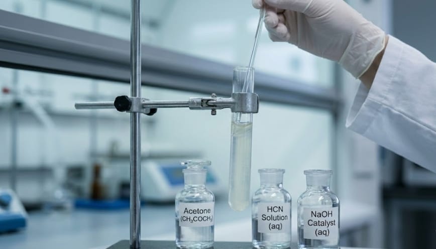 Điều kiện để phản ứng cộng HCN và Acetone diễn ra hoàn toàn